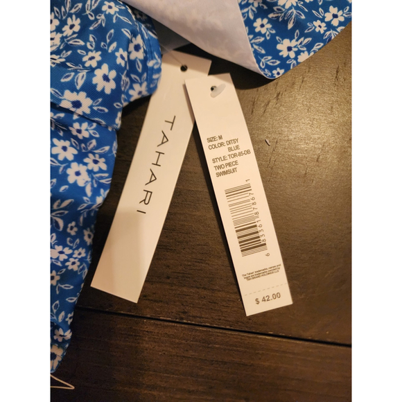 Tahari 2 piece Set Swimsuit Bathing Suit Off Shoulder MEDIUM Blue White Floral - Picture 10 of 16